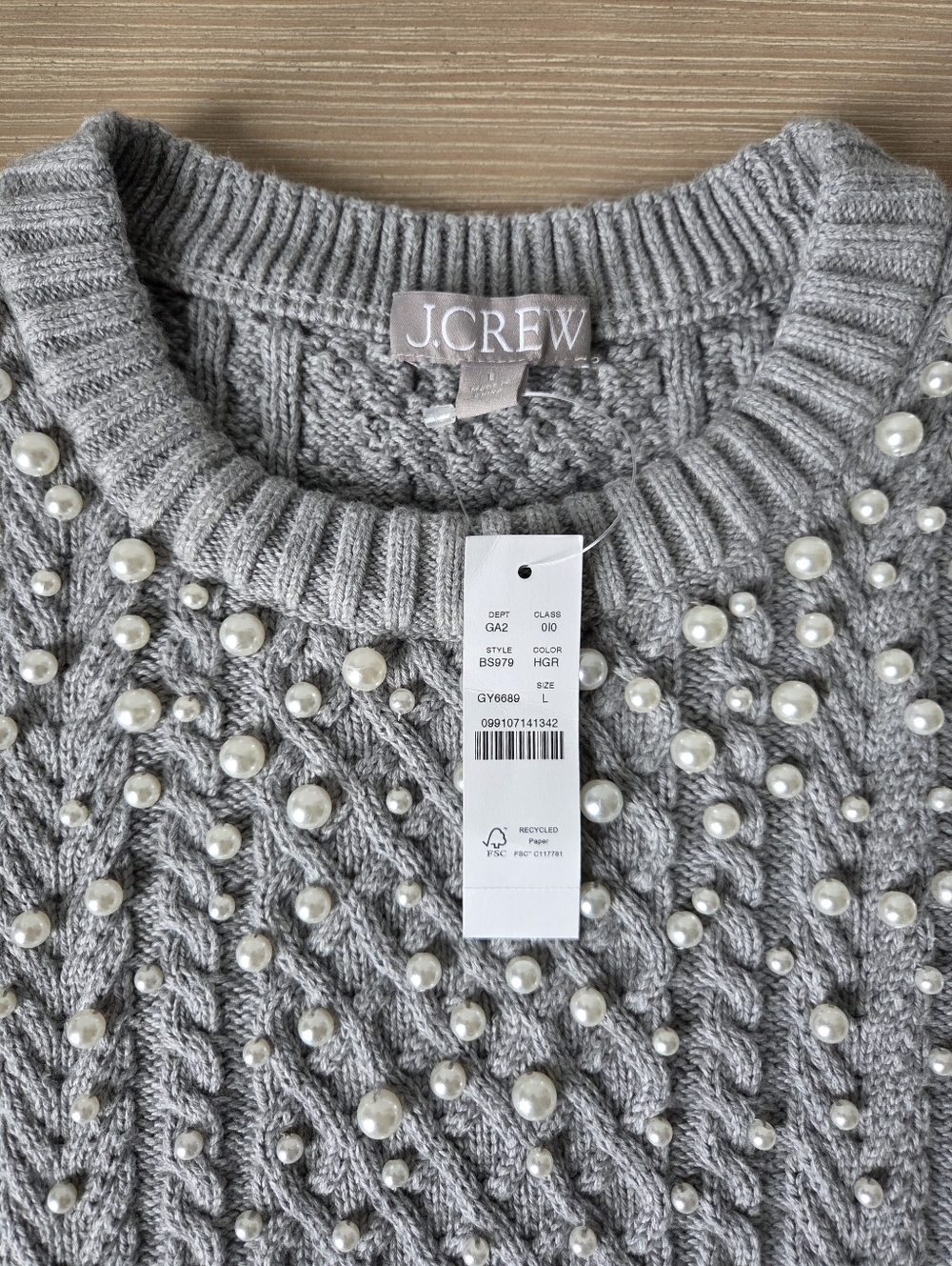 J. Crew Gray Pearl Embellished Cable Knit Sweater Womens Size Large - Picture 5 of 8